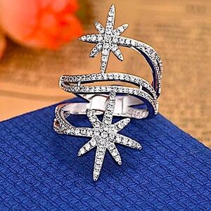Silver Double Star Zircon Ring Celestial Moon